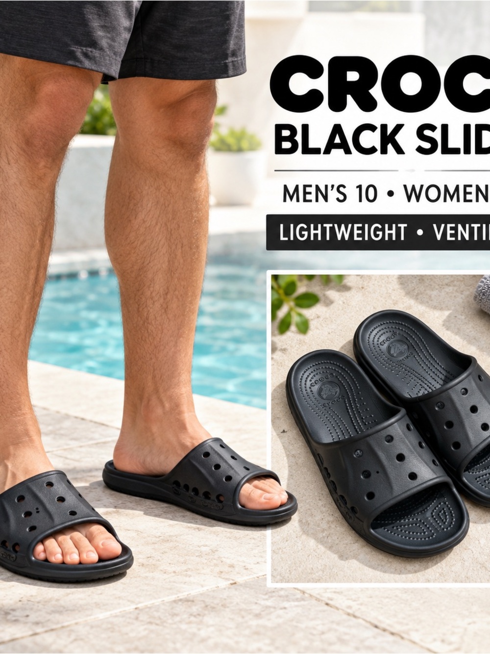 CROCS Black Slide Sandals Ventilation Holes Men’s 10 Women’s 12 Shower Shoes